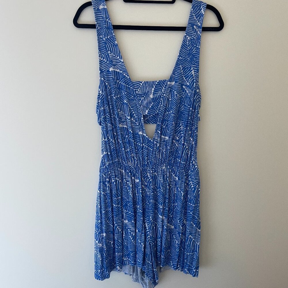 Revolve Blue Patterned Cutout Romper - image 1